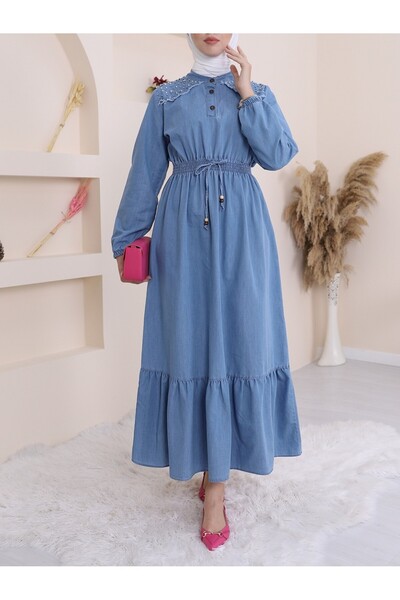 Modamorfo Dlouhé džínové šaty s perlami na ramenou a elastickým pasem