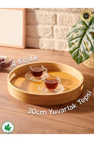 linmetal 30 cm Bamboo Round Tray - Presentation and Serving Tray with Handles, Coffee Color Modern Wooden Tray