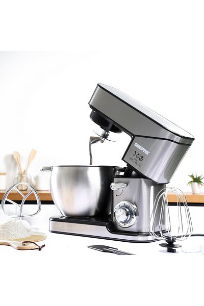 Geepas Kitchen Machine with Whisk, Beater & Dough Hook| 10L Stainless Steel Removable Bowl with Lid,