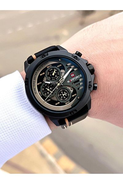 Naviforce 3 Atm Water Resistant Leather Band Men's Wristwatch - Inner Functions Active E.Nvf.K.9110As