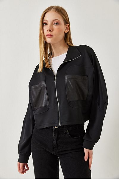 Bianco Lucci Women's Leather Pocket Detailed Diver Fabric Stand Collar Jacket Mbms044 60501044