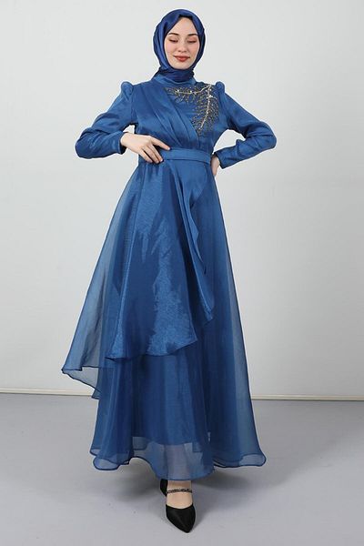 Giza Giyim Βραδινό φόρεμα Indigo Stone με λεπτομέρειες Organza