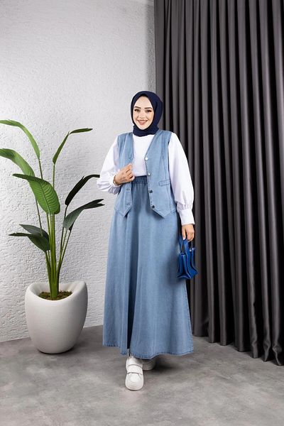 nacar çarşı Women's Denim Vest - Skirt with Elastic Waist 2 Suits