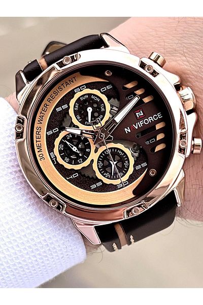 Naviforce Leather Band Inner Functions Active 3 Atm Water Resistant Men Wrist Watch E.Nvf.K.9110