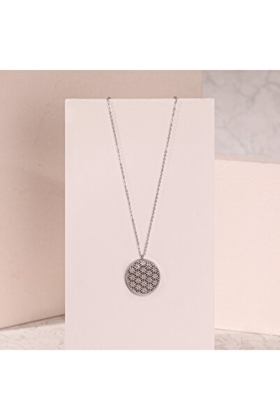 FOURSOLOS قلادة نسائية من الفولاذ، نموذج زهرة الحياة مع تفاصيل حجرية، اللون ف...