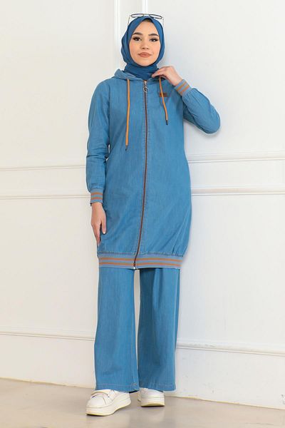 Modamihram Light Blue Zippered Jeans Set - Ribbed 19363