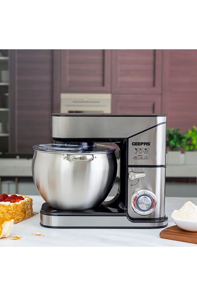 Geepas Multi-Function Kitchen Machine Stainless Steel Bowl With Lid  1.5L Glass Blender Jar  Meat Grinder
