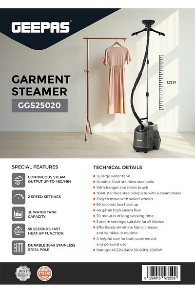 Geepas Garment Steamer-  2000 W, 2 Speed Setting/ 3 l Water Detachable Tank Capacity