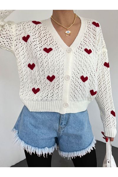 Modamorfo Herz-Muster geknöpft durchbrochene Trikot-Cardigan