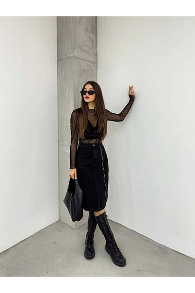SHEVEGA Women's Black Jeans Skirt with Front Zipper Detail