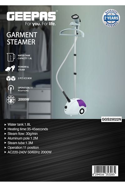 Geepas Garment Steamer, 2000W Vertical Steamer | Dual Steam Levels | 1.5L Large Water Tank |