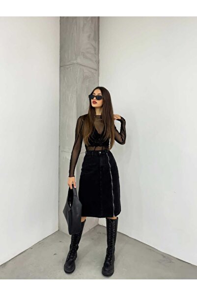 SHEVEGA Women's Black Jeans Skirt with Front Zipper Detail