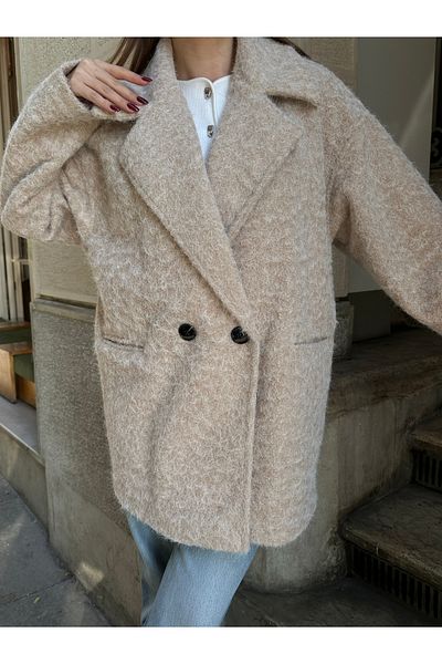 VESS MODA Women's Jacket Collar Buttoned Oversize Teddy Stamp Jacket Coat