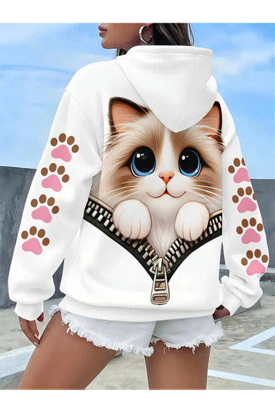 GALASHOP Pink Cat Printed Cute Women's Hooded Casual Dress