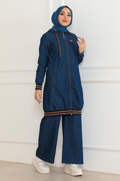 Modamihram Dark Blue Zippered Jeans Set - Ribbed 19363