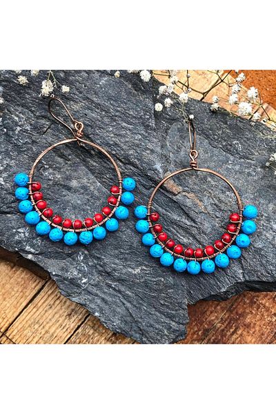 MODA Lava Stone Handmade Copper Wire Wrap Earrings