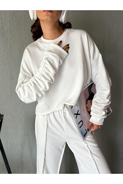 minaaise Women's Ecru Design Sweatshirt and Filthy Stitching Loose-Fit Rasterless Tracksuit Bottom/Top Suit 28374