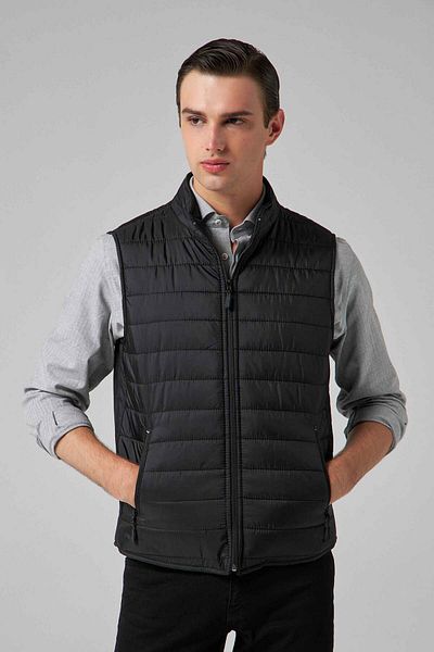 D'S Damat Regular Fit Black Stand Collar Fiber Padded Seasonal Zippered Puffer Vest Coat