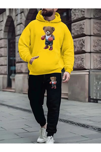 DAXİS Sportwear Company Men's Boxer Teddy Bear Printed Tracksuit Set - Hooded Bottom Top Set