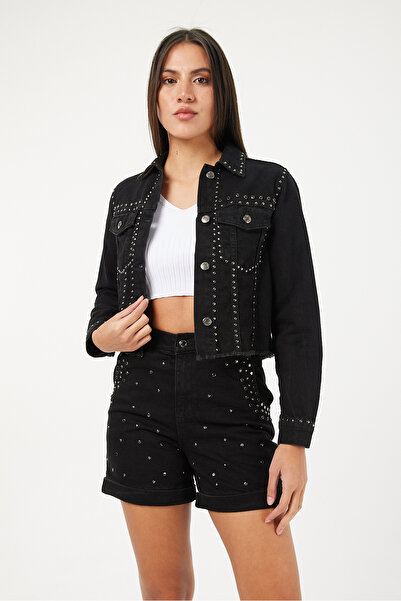 POODLE Női magas derekú farmer rövidnadrág szoknya fém kiegészítőkkel