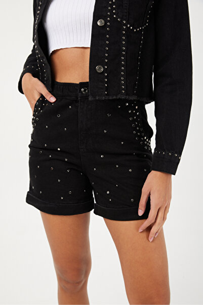 POODLE Női magas derekú farmer rövidnadrág szoknya fém kiegészítőkkel