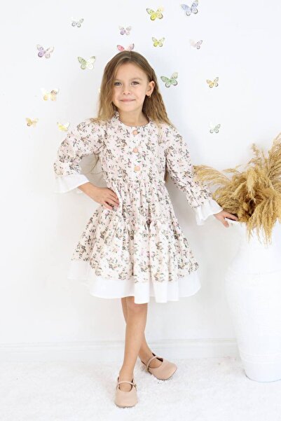 ARBİ kids Kız Çocuk Çiçek Desenli Cotton Dokuma Elbise Bayramlık
