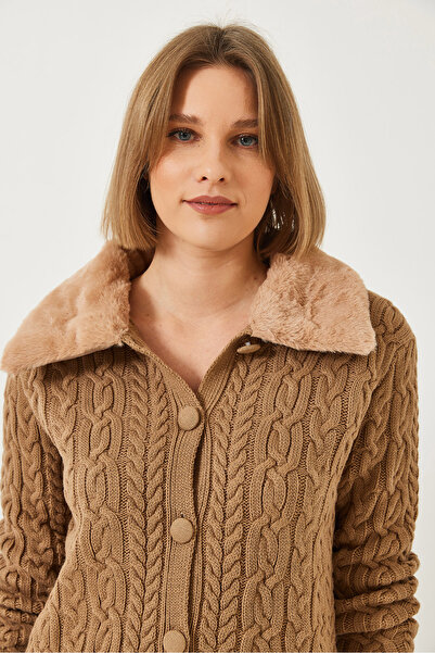 Bianco Lucci Women's Hair Braided Collar Fur Knitwear Cardigan