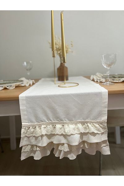 eyma home Ακατέργαστο λινό Λεπτομερές Pamk Runner - 45x140 cm (Frilly)