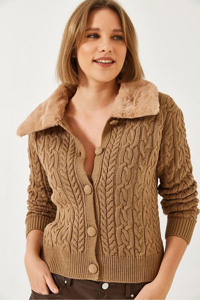 Bianco Lucci Women's Hair Braided Collar Fur Knitwear Cardigan