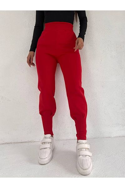Modamorfo Elastic Waisted Scuba Trousers with Stitched Pockets -Red