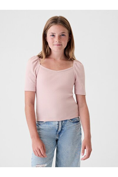 GAP Kız Çocuk Pembe Kalp Yaka Balon Kol T-Shirt