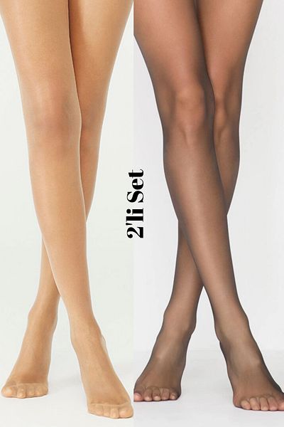 PJ & Me Super Thin 2-Piece Pantyhose Set 15 Den Skin Color Shiny & 15 Den Black Color Semi Shiny