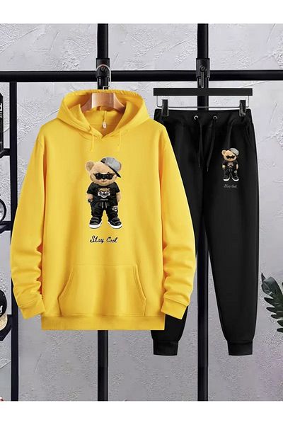 DAXİS Sportwear Company Teddy Bear Printed Hooded Tracksuit Set - Bottom Top Set