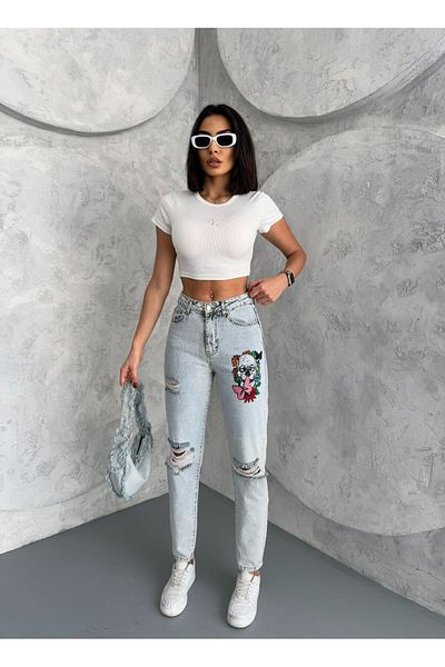 Zeo Basic MOM JEAN cu broderie și detalii rupte
