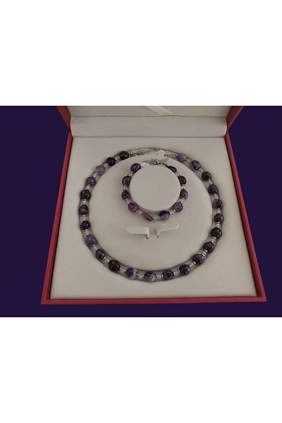 AYTENS TAKI Natural Amethyst, Crystal Quartz and Hematite Pendant Bracelet Set