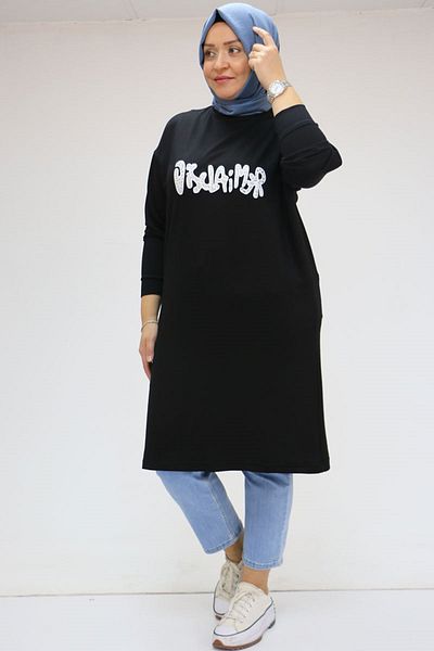 Eslina 48116 Plus Size Printed Long Crystal Tunic - Black