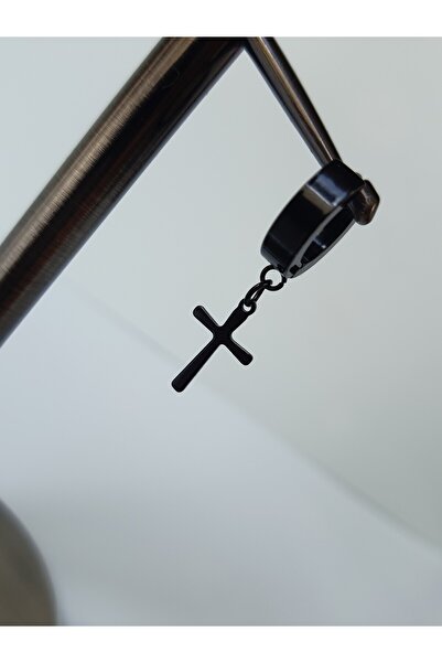 kurukafagift Siyah Paslanmaz Çelik Tek Haç Sallantılı Erkek Küpesi