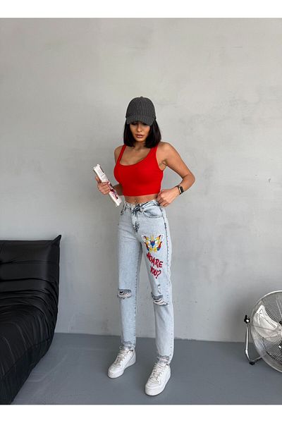 Zeo Basic Mom Jean with Embroidery and Ripped Detail