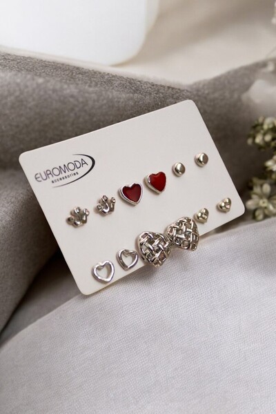 EUROMODA Red Heart Simple Heart Crown Design Pearl Solitaire and Ball Earrings Set of 6 Earrings