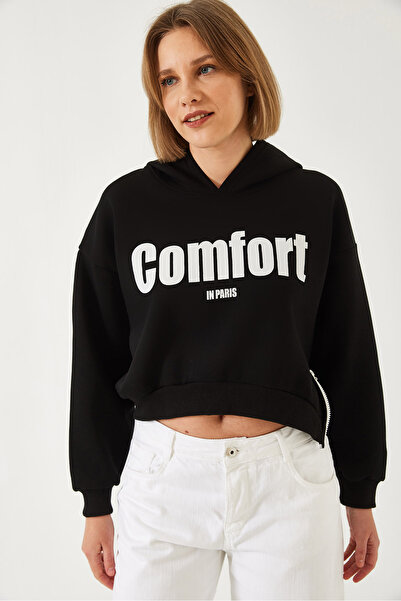 Bianco Lucci Women's Three Thread Raised Side Zip Crop Sweatshirt 60261016