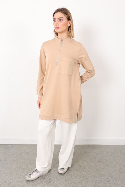 Linvey Daily Stand Collar Zippered Single Pocket Two Thread Comfortable Fit Tunic Hijab