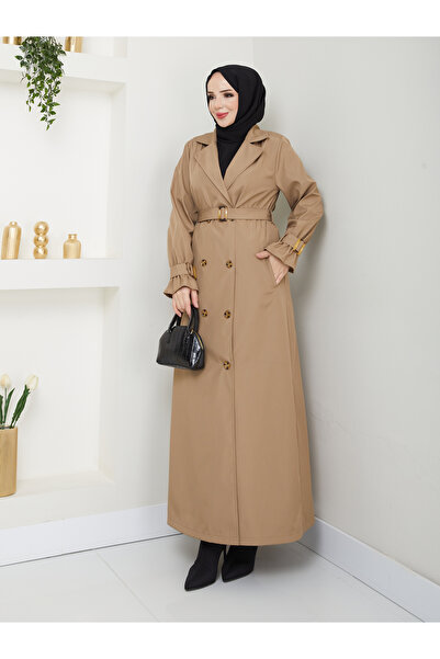 RACE FASHİON Tesettürlü Kruvaze Yaka Su Geçirmez Kemerli Tam Boy Trençkot RC1403013