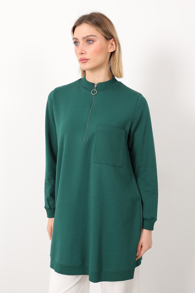 Linvey Günlük Dik Yaka Fermuarlı Tek Cepli İki İplik Rahat Kalıp Tunik Tesettür