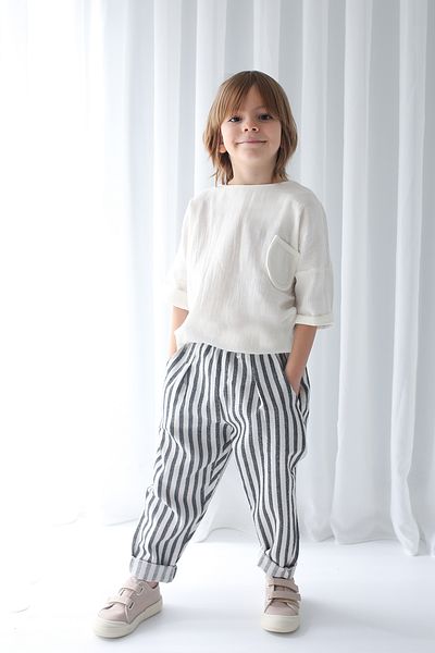 Catz Kids Black and White Striped Linen Carrot Pants + White Muslin Pocket Detail Shirt