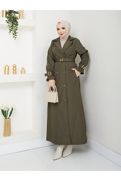 RACE FASHİON Tesettürlü Kruvaze Yaka Su Geçirmez Kemerli Tam Boy Trençkot RC1403013