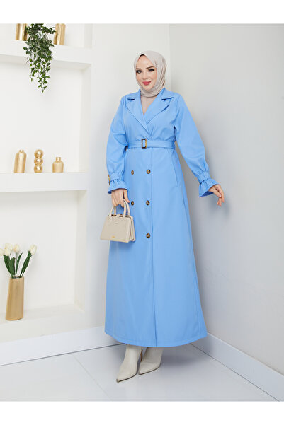 RACE FASHİON Tesettürlü Kruvaze Yaka Su Geçirmez Kemerli Tam Boy Trençkot RC1403013
