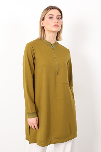 Linvey Günlük Dik Yaka Fermuarlı Tek Cepli İki İplik Rahat Kalıp Tunik Tesettür