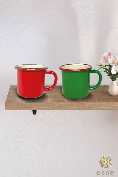Esse Green and Red Enamel Mug - Retro Series Set of 2