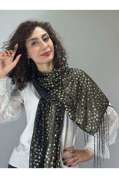 Gönülden Tasarım Eșarfă șal pentru femei din șifon negru - cu model strălucitor, 140x50 cm