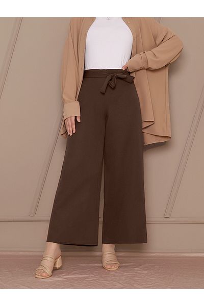 Modamorfo Brown Trousers with Double Wide Legs and Lace-Up Waist
